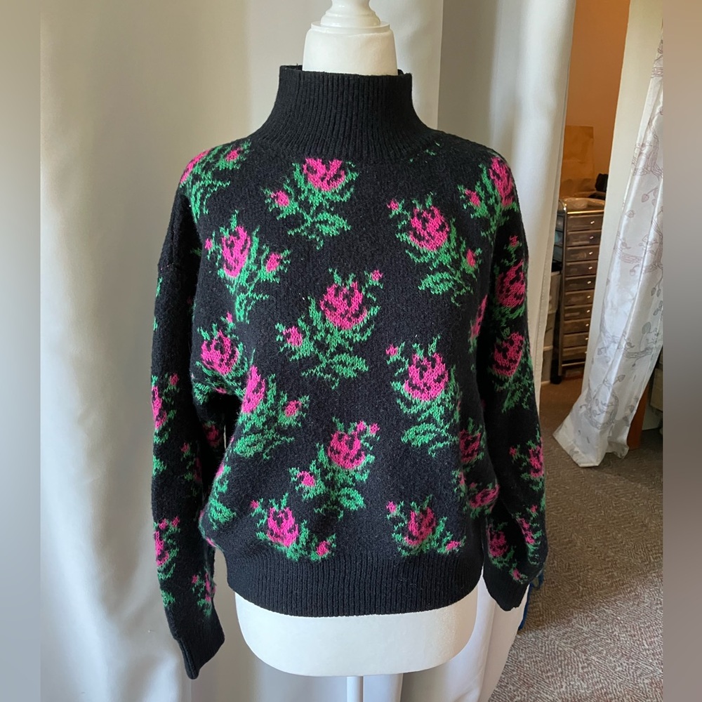 Black and Pink Sweater with Floral Design Womens S/M